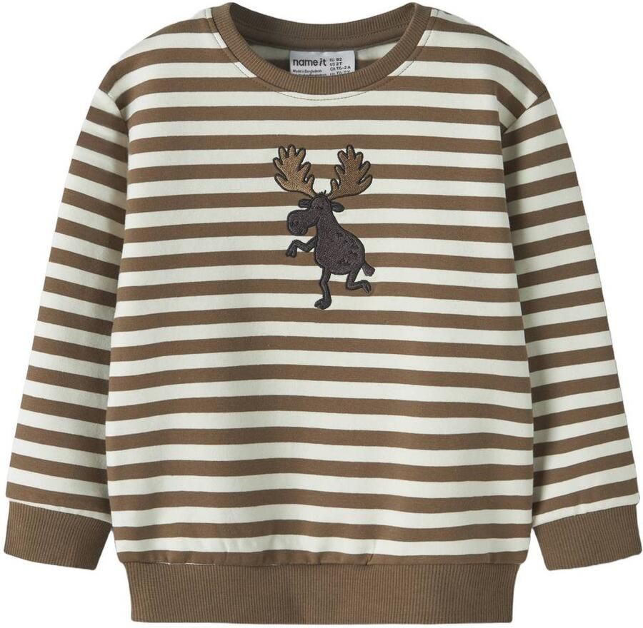 NAME IT MINI gestreepte sweater met borduursels bruin wit Printopdruk