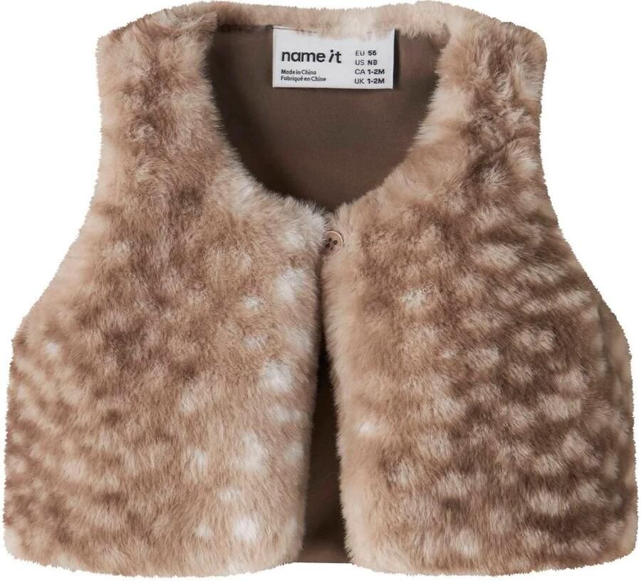 NAME IT MINI gilet met dierenprint bruin ecru Meisjes Imitatiebont Ronde hals
