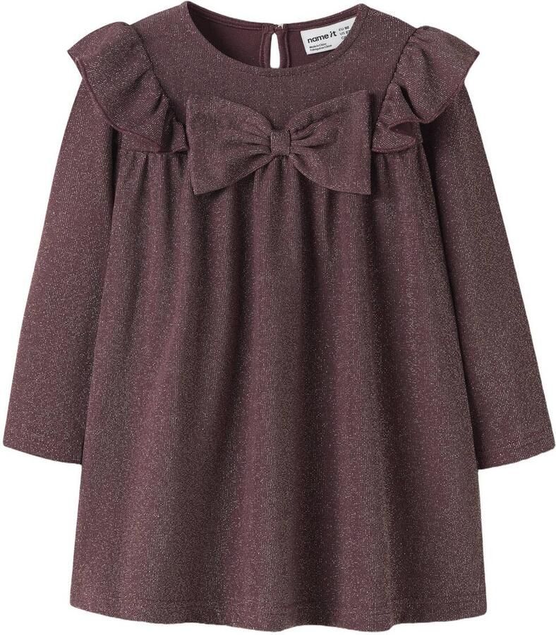NAME IT MINI glitterjurk met ruches wijnrood Meisjes Polyamide Ronde hals
