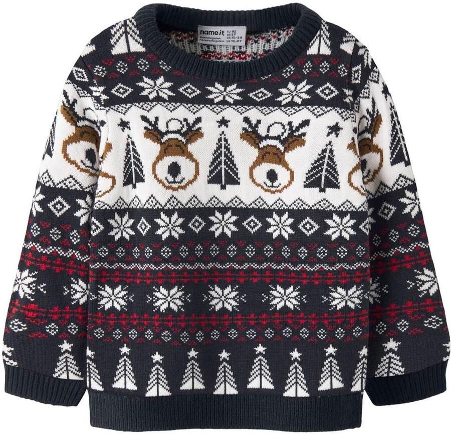 NAME IT MINI jacquard kersttrui met print donkerblauw Jongens Acryl Ronde hals