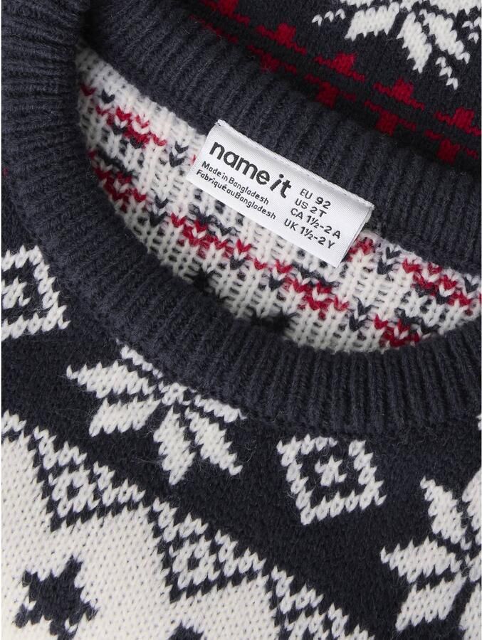 NAME IT MINI jacquard kersttrui met print donkerblauw Jongens Acryl Ronde hals - Foto 2