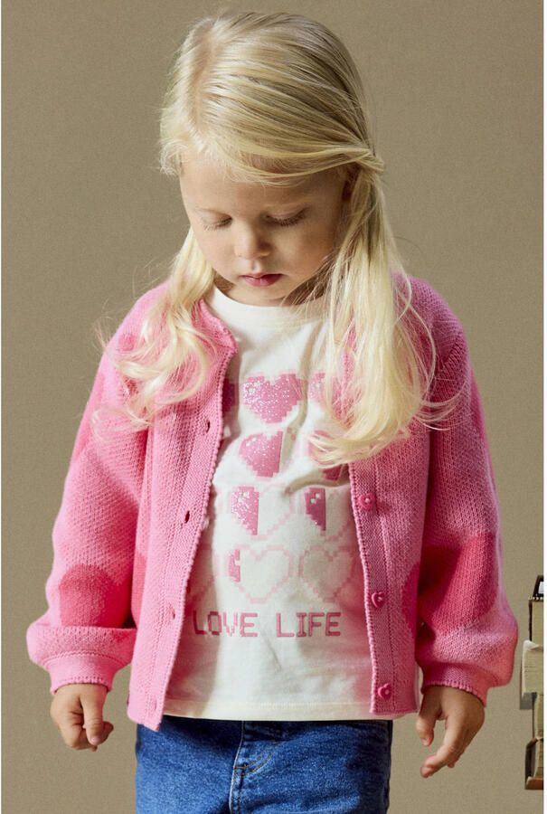 NAME IT MINI katoenen jacquard gebreide vest met hartjes roze