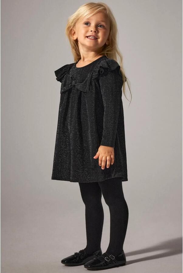 NAME IT MINI korte A-lijn glitterjurk met ruches zwart Meisjes Polyamide Ronde hals