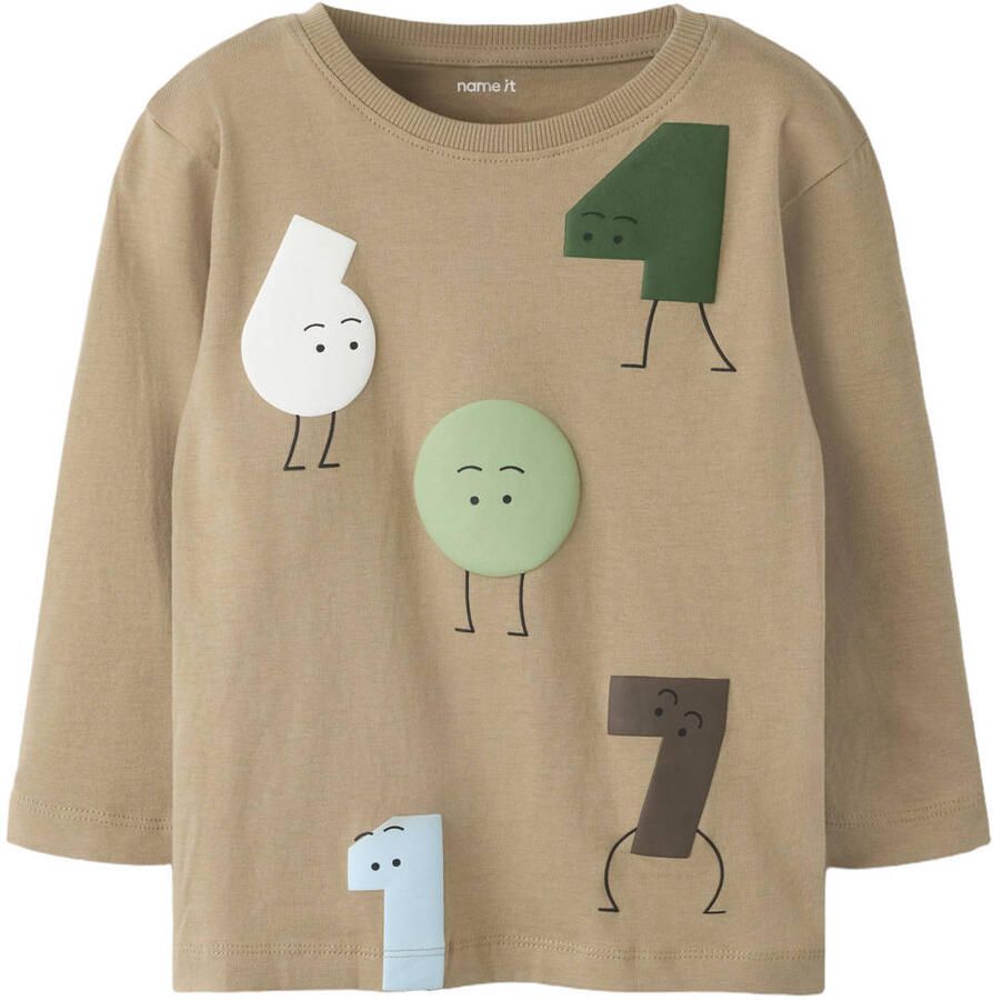 NAME IT MINI longsleeve met print zand Beige Jongens Katoen Ronde hals