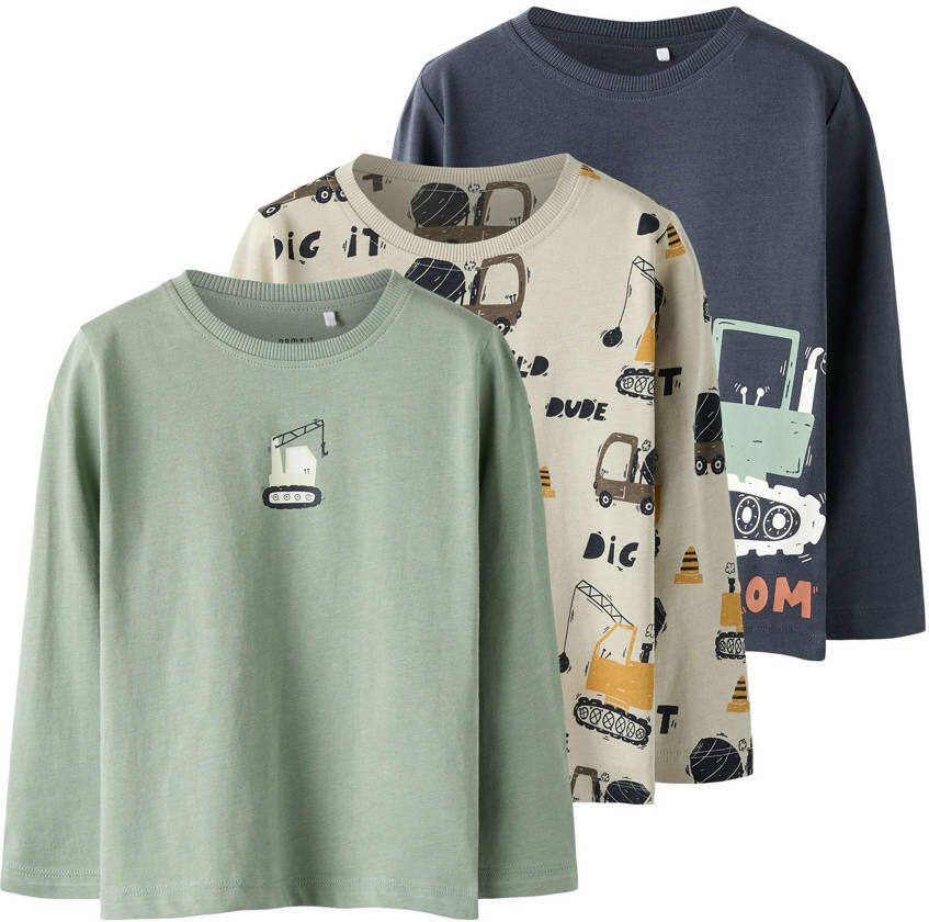 NAME IT MINI longsleeve NMMNIKO set van 3 lichtgroen beige donkerblauw