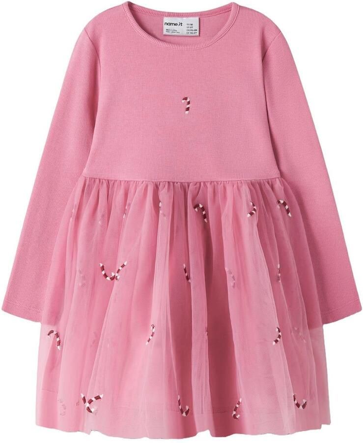 NAME IT MINI midi jurk met borduursels en print roze Meisjes Sweat Ronde hals