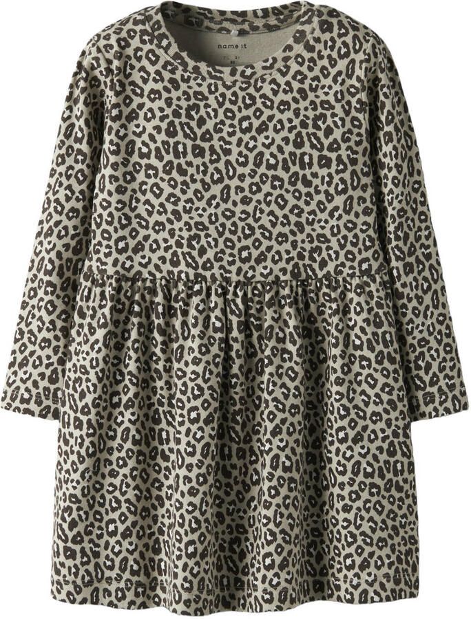 NAME IT MINI midi jurk met plooien en panterprint lichtgroen