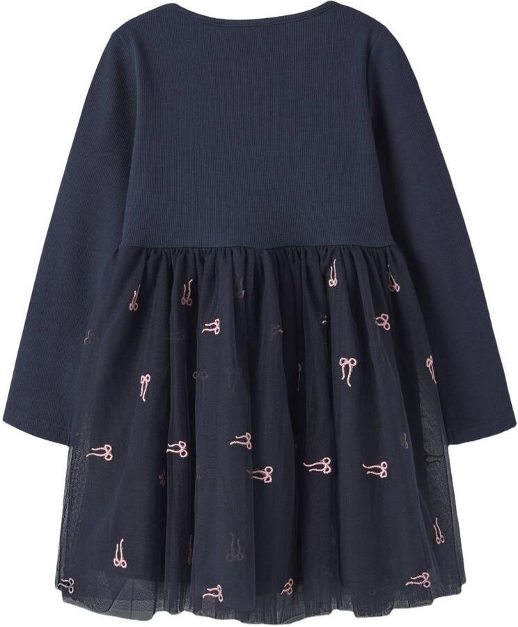 NAME IT MINI midi jurk met tule details en print donkerblauw Meisjes Sweat Ronde hals