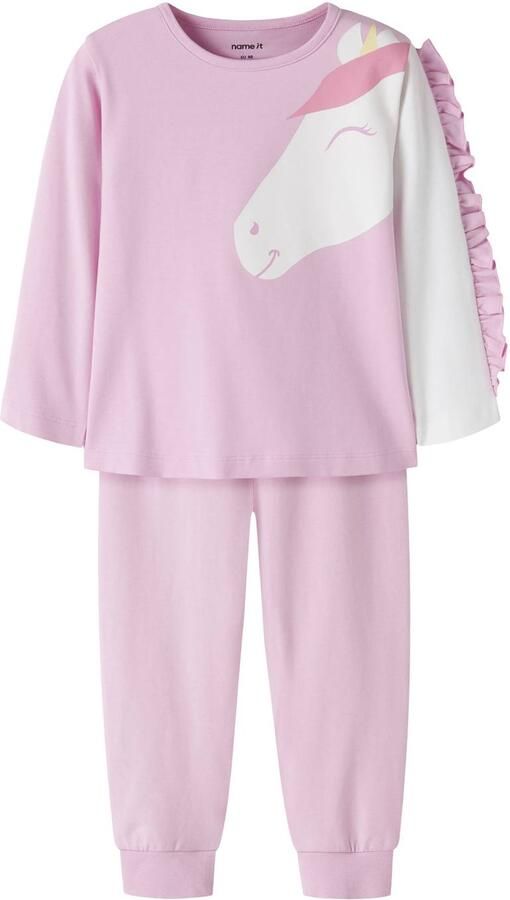 NAME IT MINI pyjama met print en ruches roze wit Meisjes Stretchkatoen Ronde hals