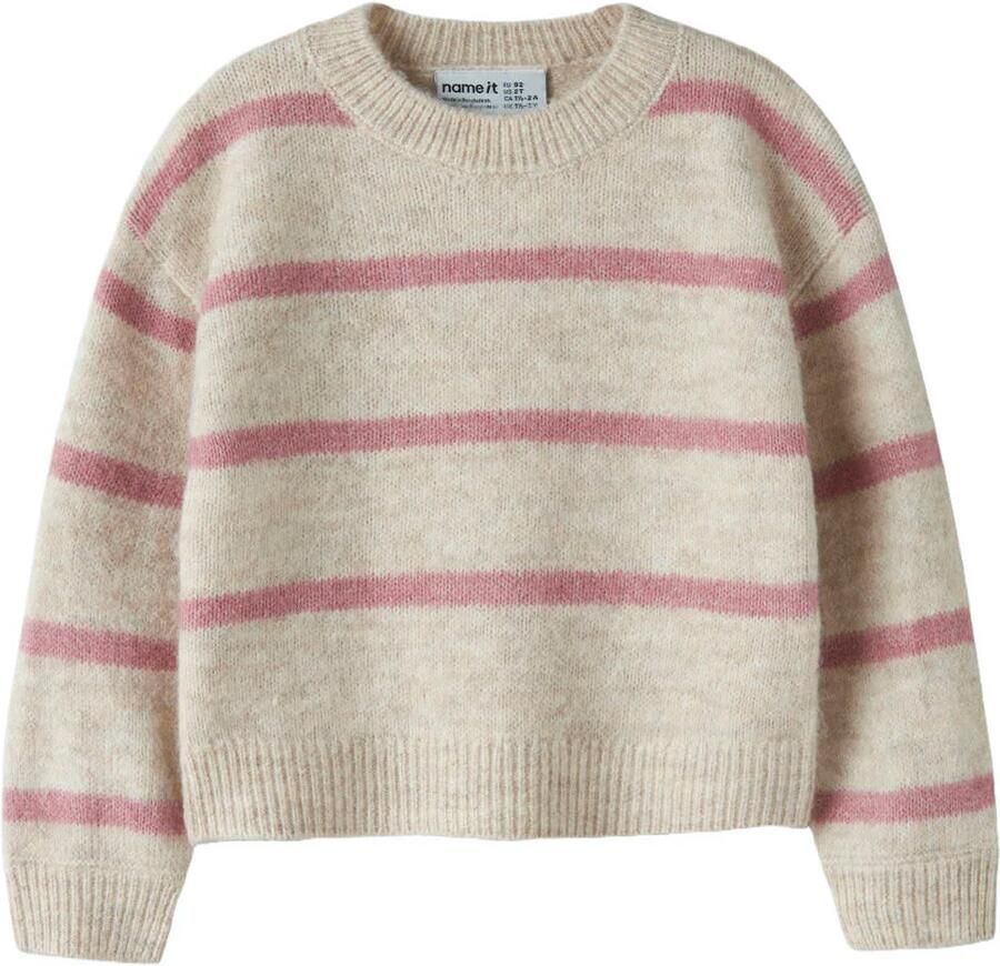 NAME IT MINI rechtvallende gebreide gestreepte trui met wol beige roze