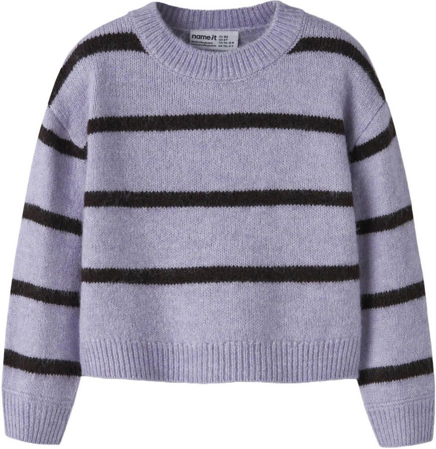 NAME IT MINI rechtvallende gebreide gestreepte trui met wol lila zwart Paars Meisjes Polyester Ronde hals