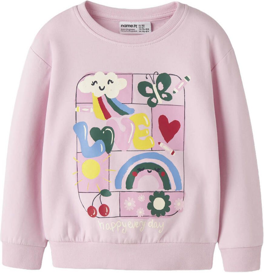 NAME IT MINI rechtvallende sweater met print lichtroze