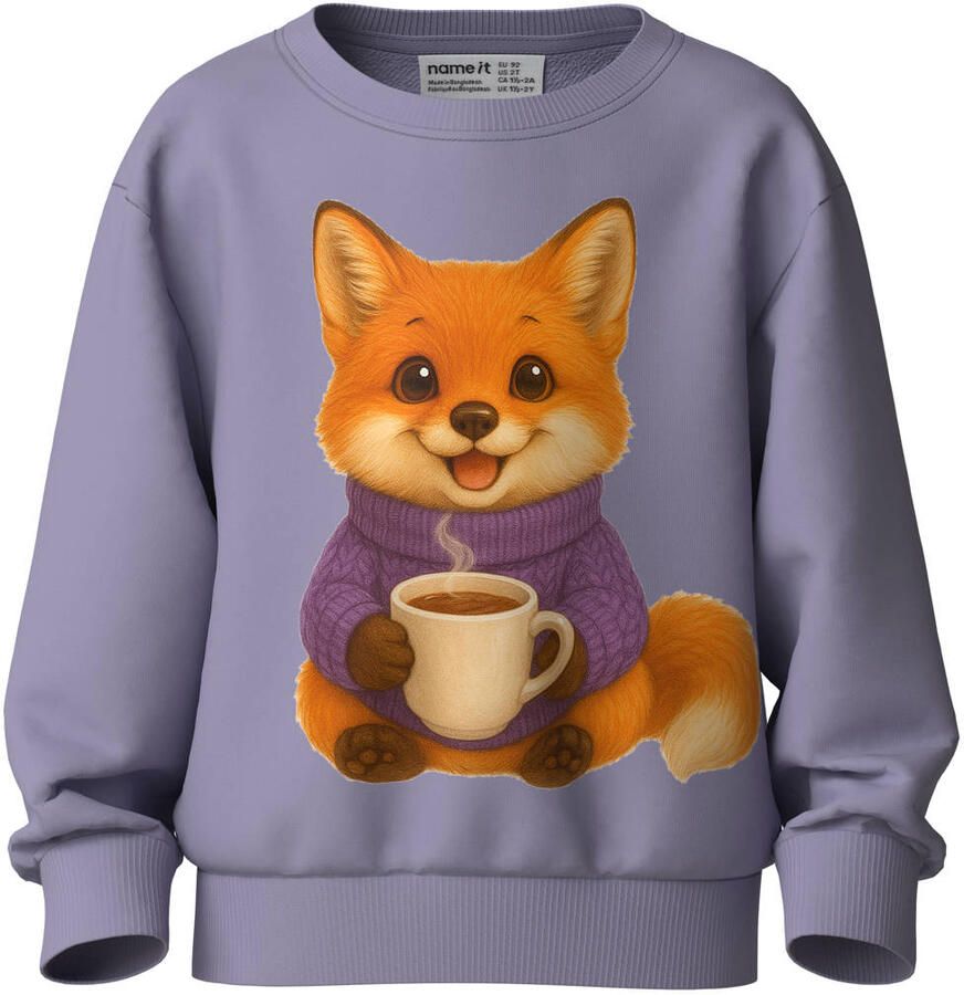 NAME IT MINI rechtvallende sweater met print lila Paars Printopdruk