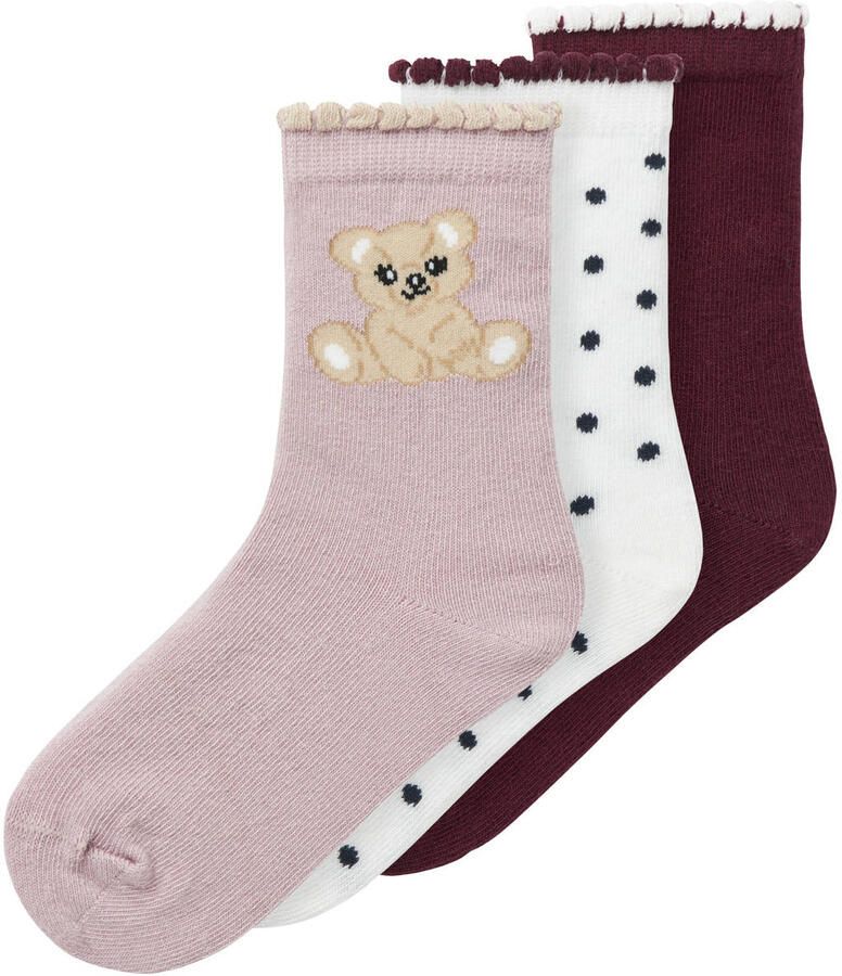 NAME IT MINI sokken donkerrood roze wit (set van 3)