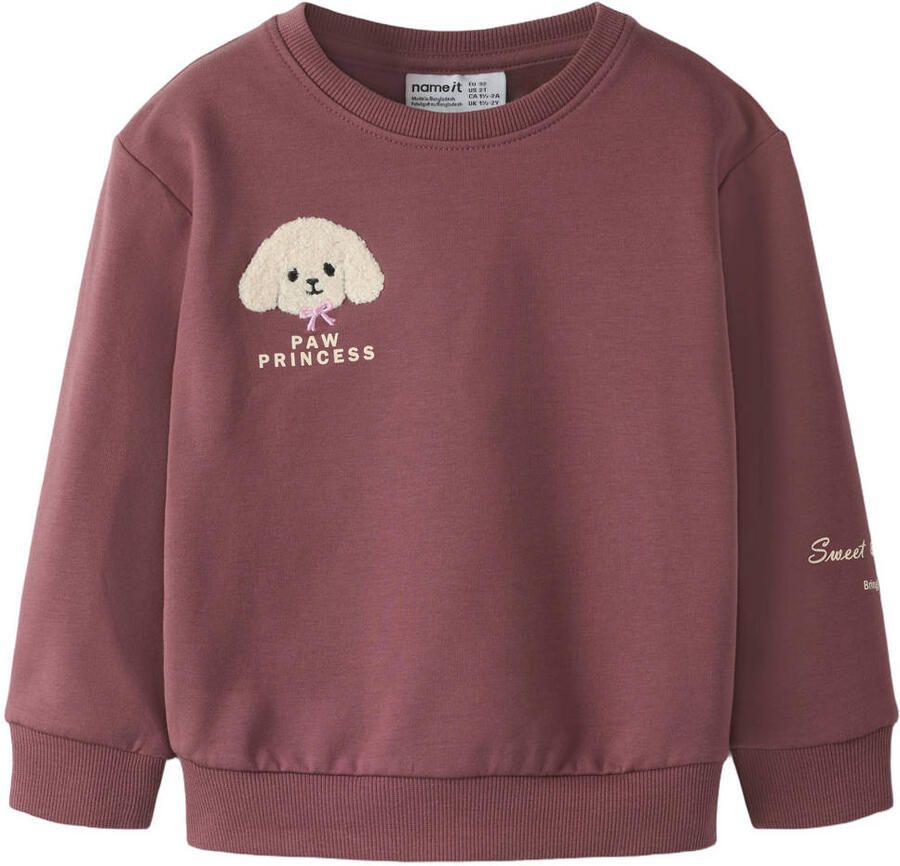 NAME IT MINI sweater met backprint en borduursels donkerrood