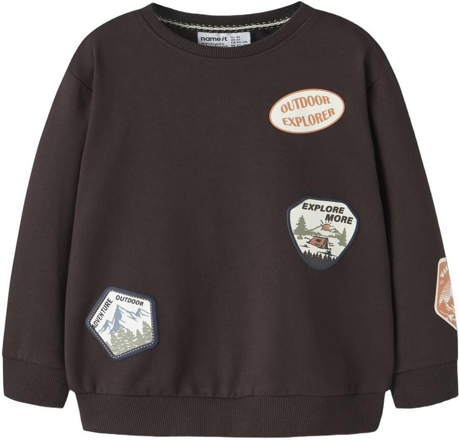 NAME IT MINI sweater met patches donkerbruin Effen