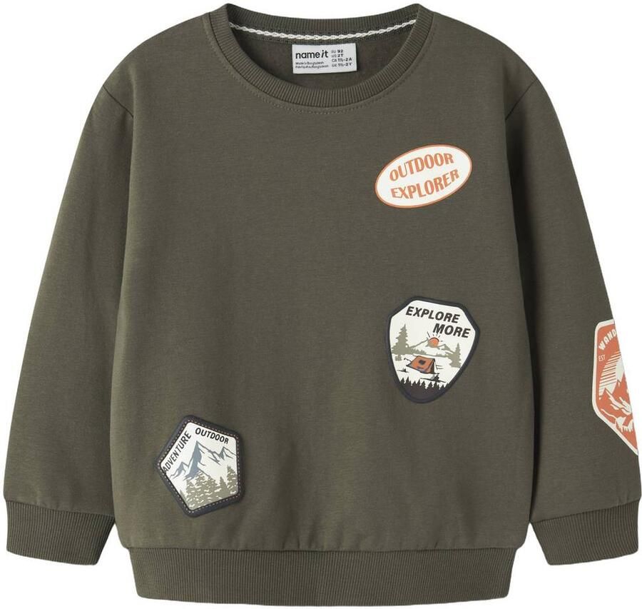 NAME IT MINI sweater met patches donkergroen Effen