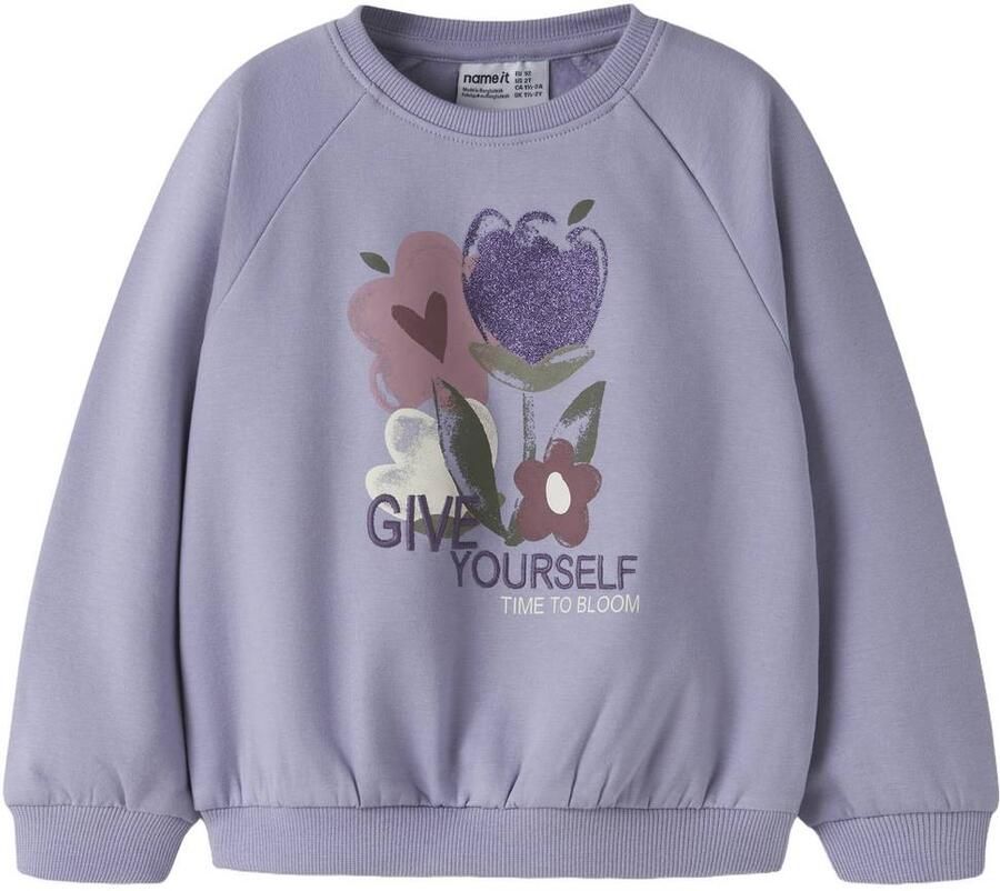 NAME IT MINI sweater met print lila Paars Meisjes Stretchkatoen Ronde hals