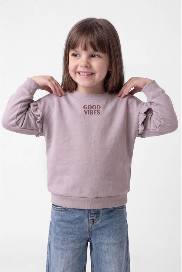NAME IT MINI sweater met ruches en tekst paars Tekst