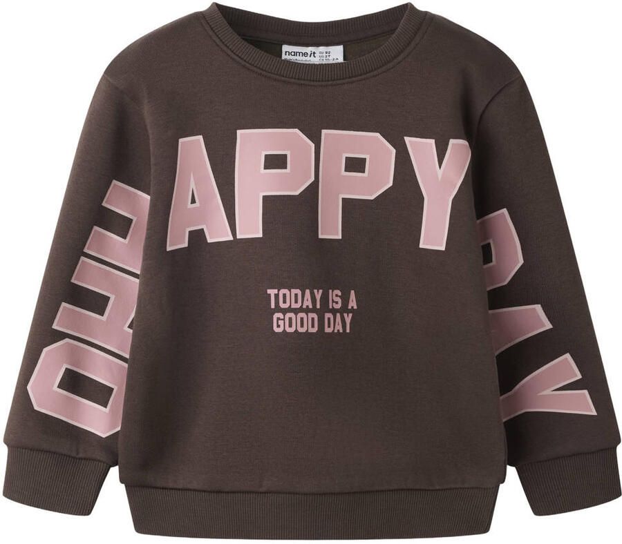 NAME IT MINI sweater met tekst donkerbruin