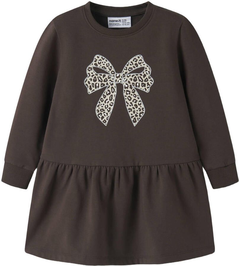 NAME IT MINI sweatjurk met ruches en print donkerbruin