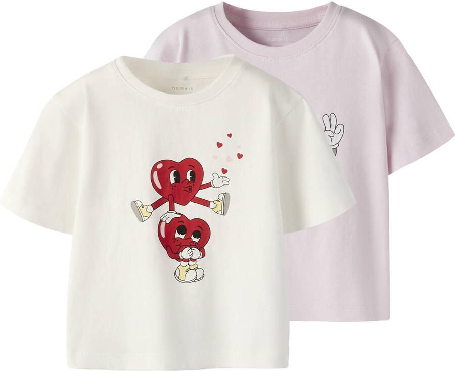 NAME IT MINI T-shirt wit roze (set van 2)