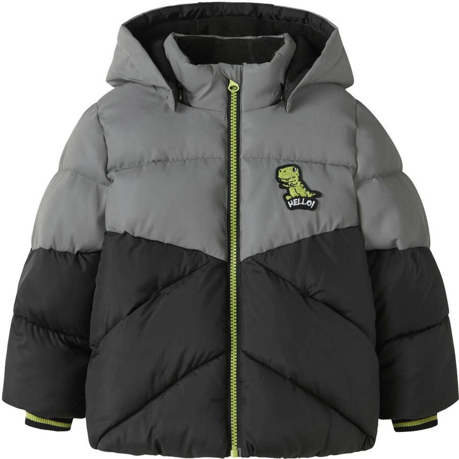 NAME IT MINI winterjas zwart grijs Jongens Polyester Capuchon Meerkleurig