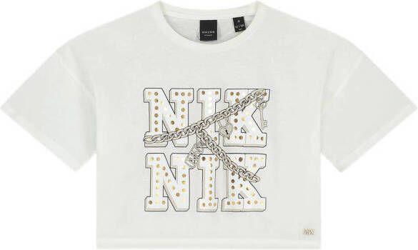NIK&NIK cropped T-shirt ecru Meisjes Katoen Ronde hals Printopdruk 152