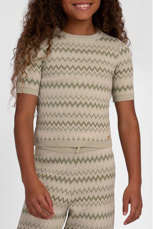 NIK&NIK ajour T-shirt met grafische print en glitters groen Meisjes Viscose Ronde hals