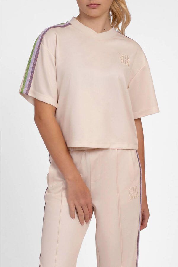 NIK&NIK boxy T-shirt met logo en contrastbies beige Meisjes Polyester V-hals