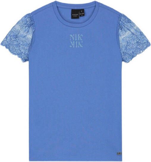 NIK&NIK T-shirt Dione met kant blauw Meisjes Stretchkatoen Ronde hals Effen 128