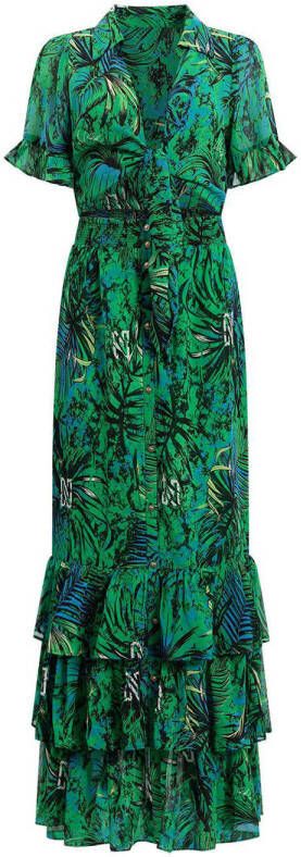 NIKKIE maxi jurk Rex Island met bladprint en ruches groen