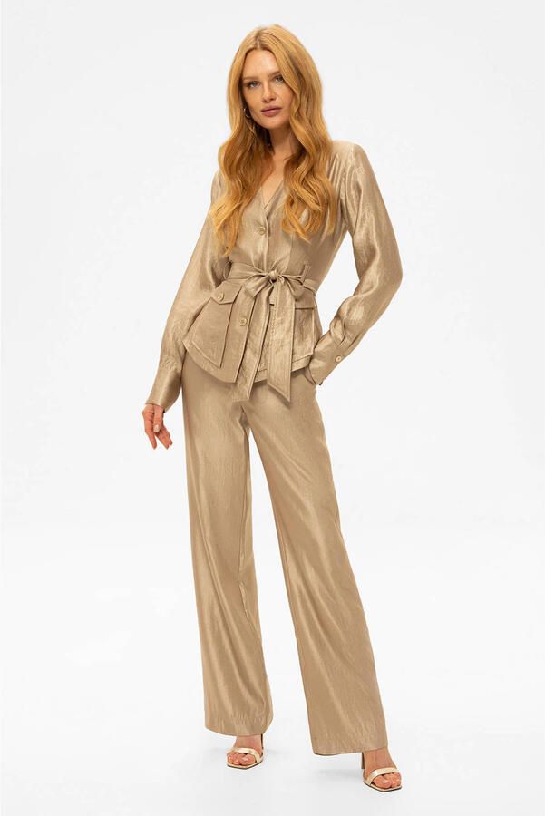 NIKKIE satijnen straight regular waist broek taupe
