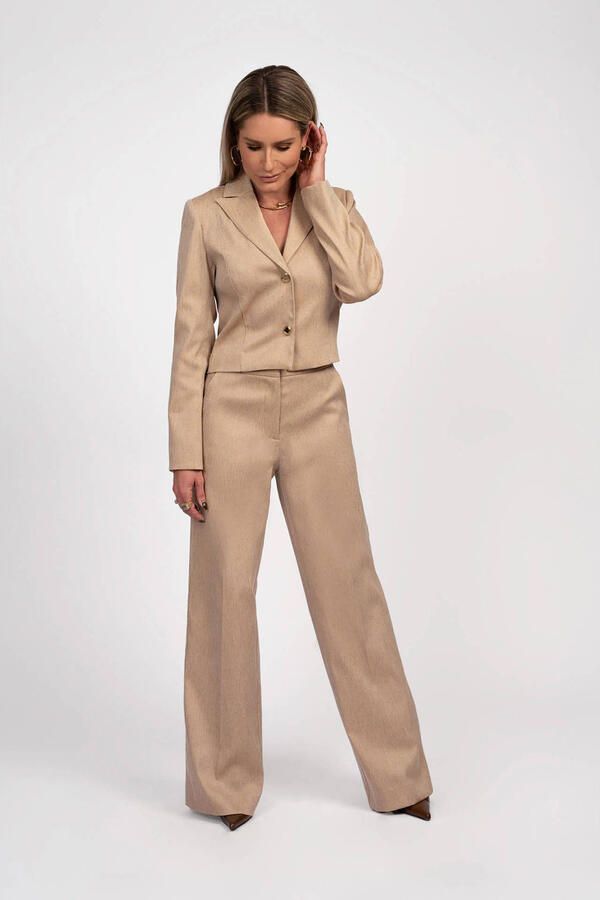NIKKIE straight high waist pantalon zand met glitter