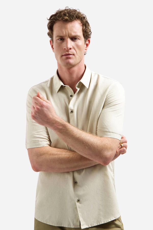 No Excess regular casual overhemd met linnen beige - Foto 3