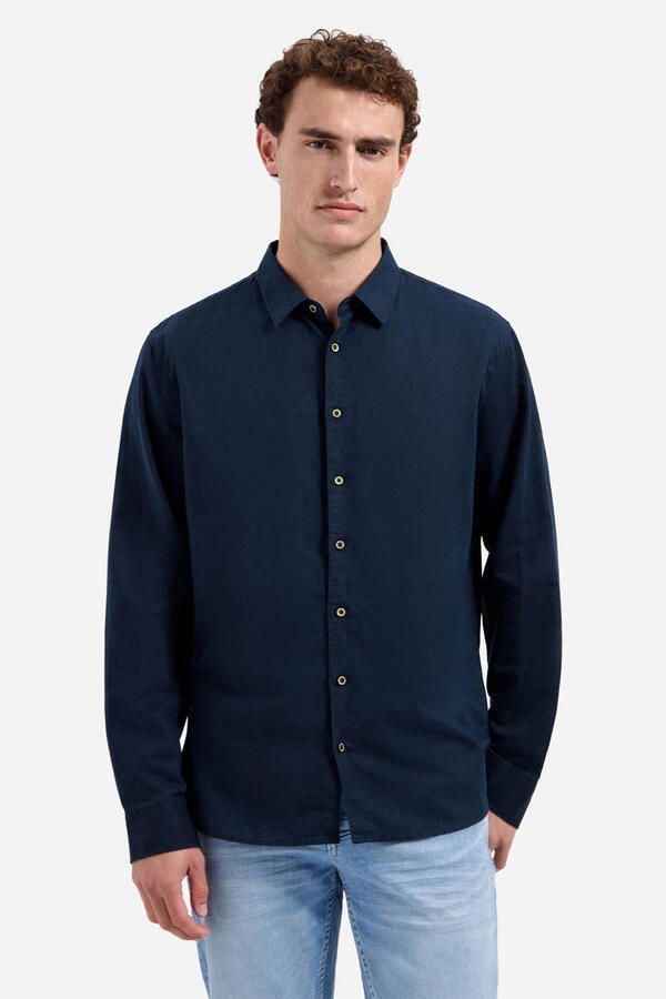 No Excess regular casual overhemd met linnen donkerblauw