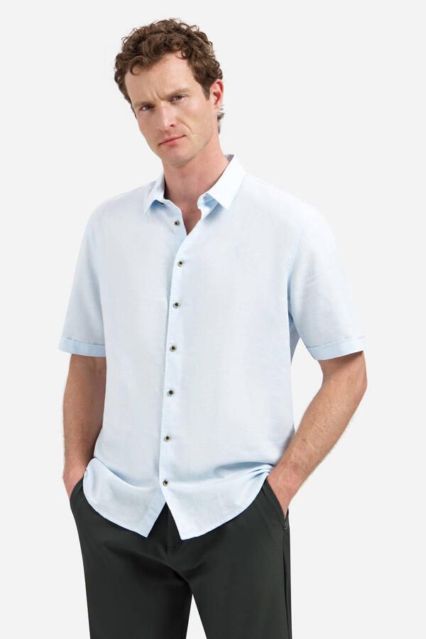 No Excess regular casual overhemd met linnen lichtblauw