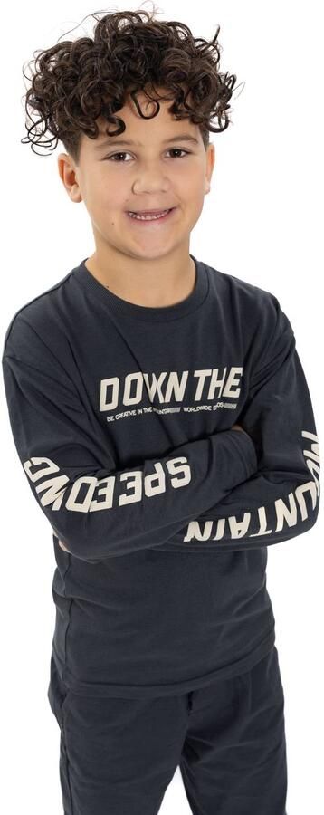 No Way Monday rechtvallende longsleeve met tekst donkergrijs Jongens Stretchkatoen Ronde hals