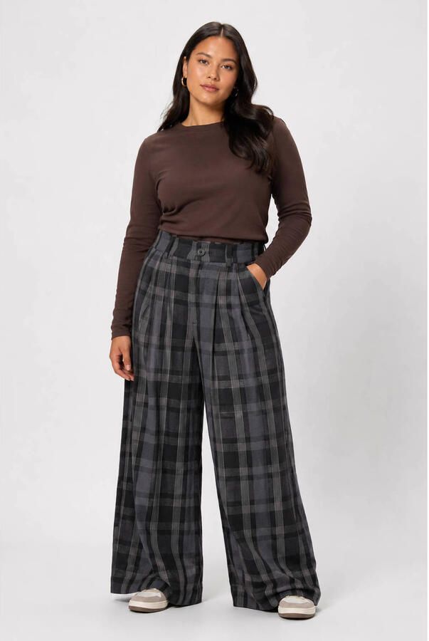 NOISY MAY Curve high waist wide leg geruite pantalon Plus Size grijs