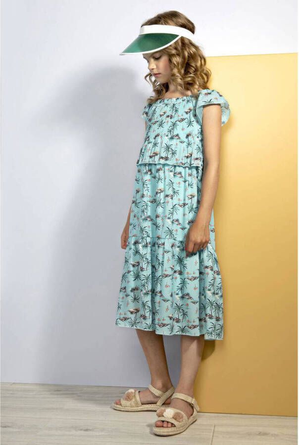 NONO A-lijn jurk Milou met all over print en textuur lichtblauw groen