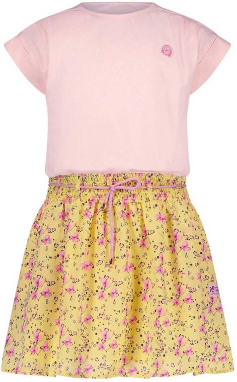 NONO gebloemde jurk Mira van gerecycled polyester geel roze Meisjes Gerecycled polyester (duurzaam) Ronde hals 134 140