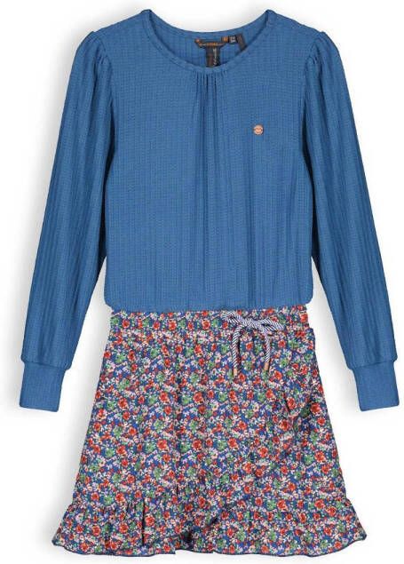 NONO gebloemde jurk Muria van gerecycled polyester blauw Meisjes Gerecycled polyester (duurzaam) Ronde hals 158 164