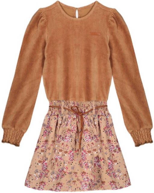 NONO gebloemde ribgebreide jurk Maika van gerecycled polyester lichtbruin Meisjes Gerecycled polyester (duurzaam) Ronde hals 104