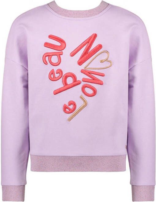 NONO sweater Kessa met tekst en borduursels lila