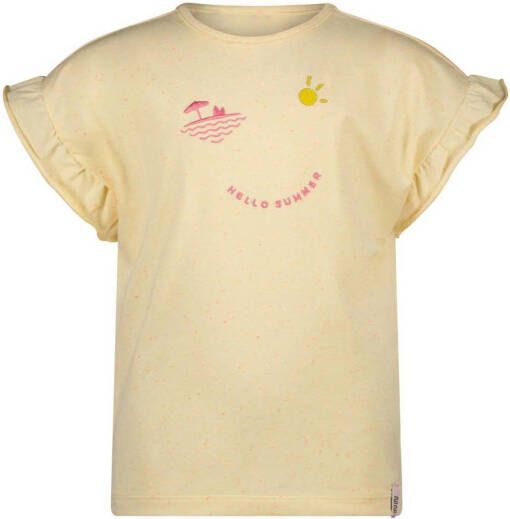 NONO T-shirt Kanou met printopdruk en ruches lichtgeel Meisjes Katoen Ronde hals 122 128