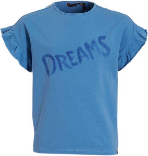 NONO T-shirt Kanou met tekst en ruches blauw Meisjes Stretchkatoen Ronde hals 122 128