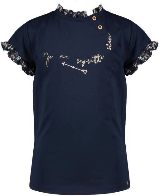 NONO T-shirt Kimy met tekst en kant donkerblauw Meisjes Stretchkatoen Ronde hals 122-128