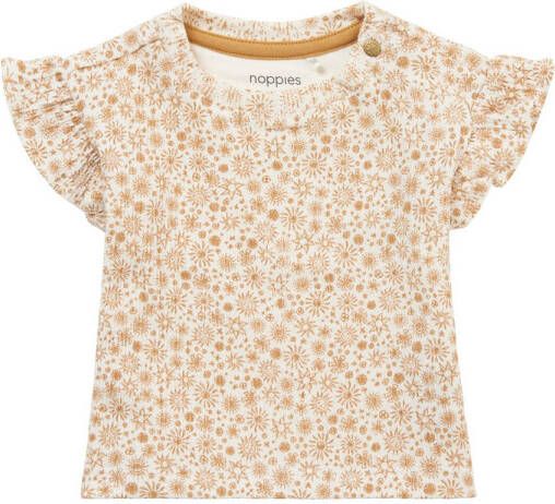 Noppies baby T-shirt Newbury met all over print en ruches lichtbruin wit