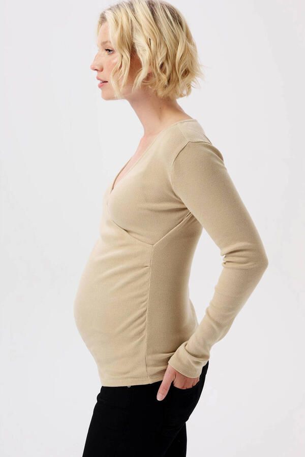 Noppies ribgebreide zwangerschaps- en voedingslongsleeve Sara beige Dames Stretchkatoen V-hals XXL - Foto 3