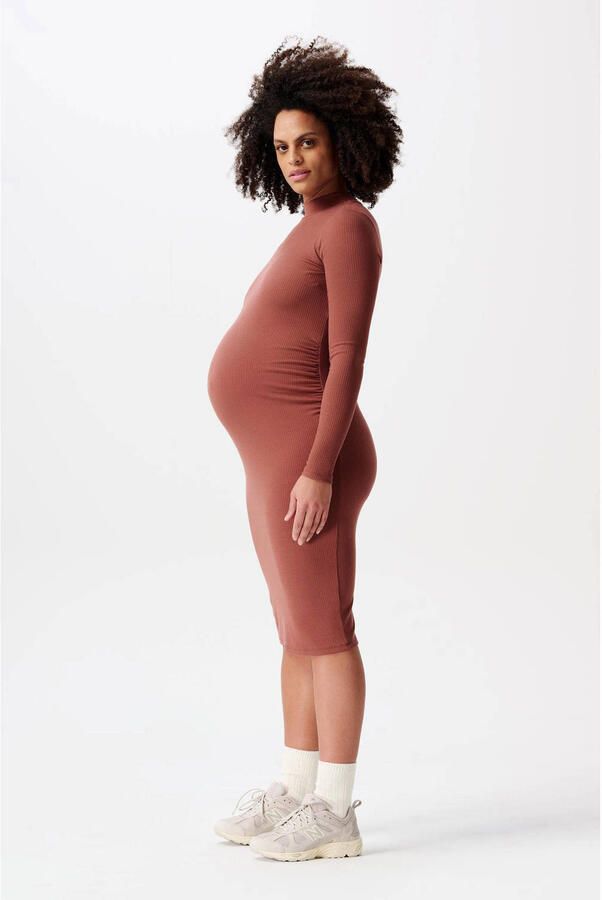 Noppies maternity ribgebreide zwangerschapsjurk Aima van polyester roodbruin - Foto 2